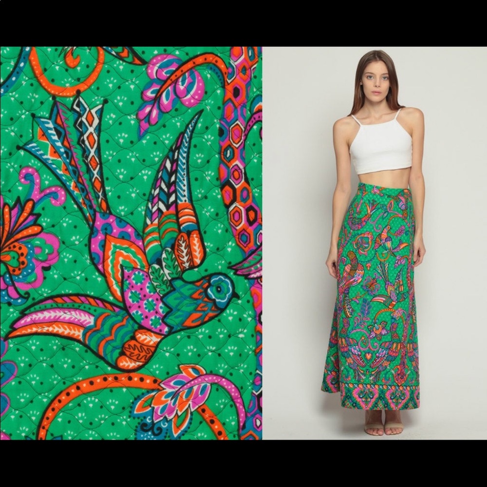 Maxi Skirt BIRD PRINT QUILTED Vintage xs